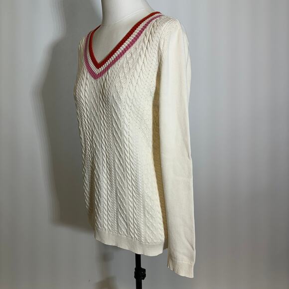 Talbots Ivory Pink Red Cable Knit Pointelle V-Neck Sweater Womens Size Small S - Picture 4 of 10